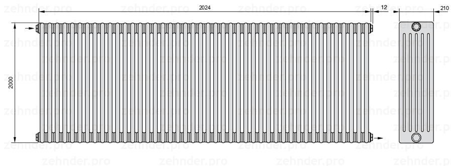 Схема (чертеж) Радиатор Zehnder Charleston 6200/44 №1670 Белый глянцевый RAL 9016